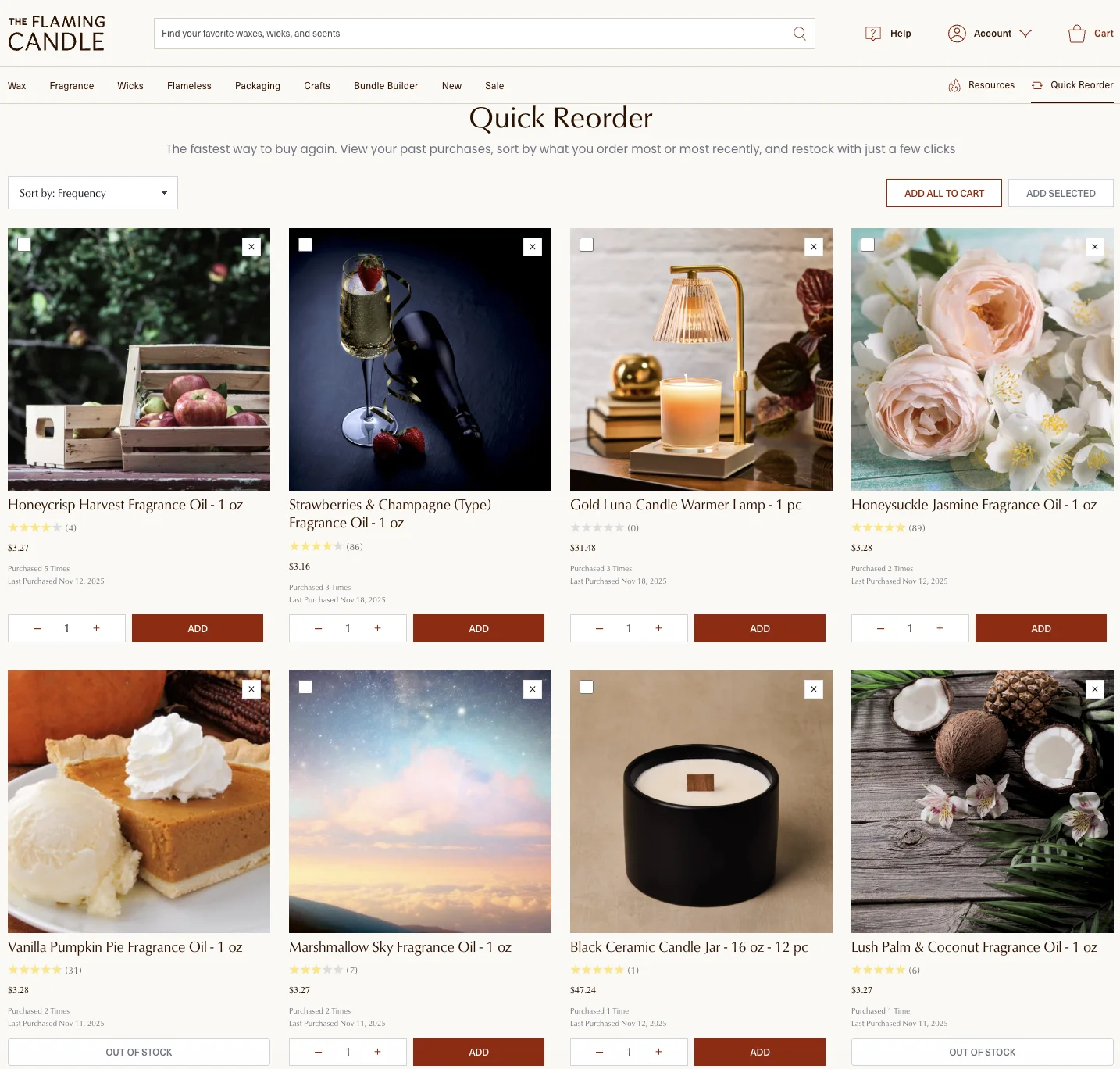The Flaming Candle Buy Again reorder page on Shopify