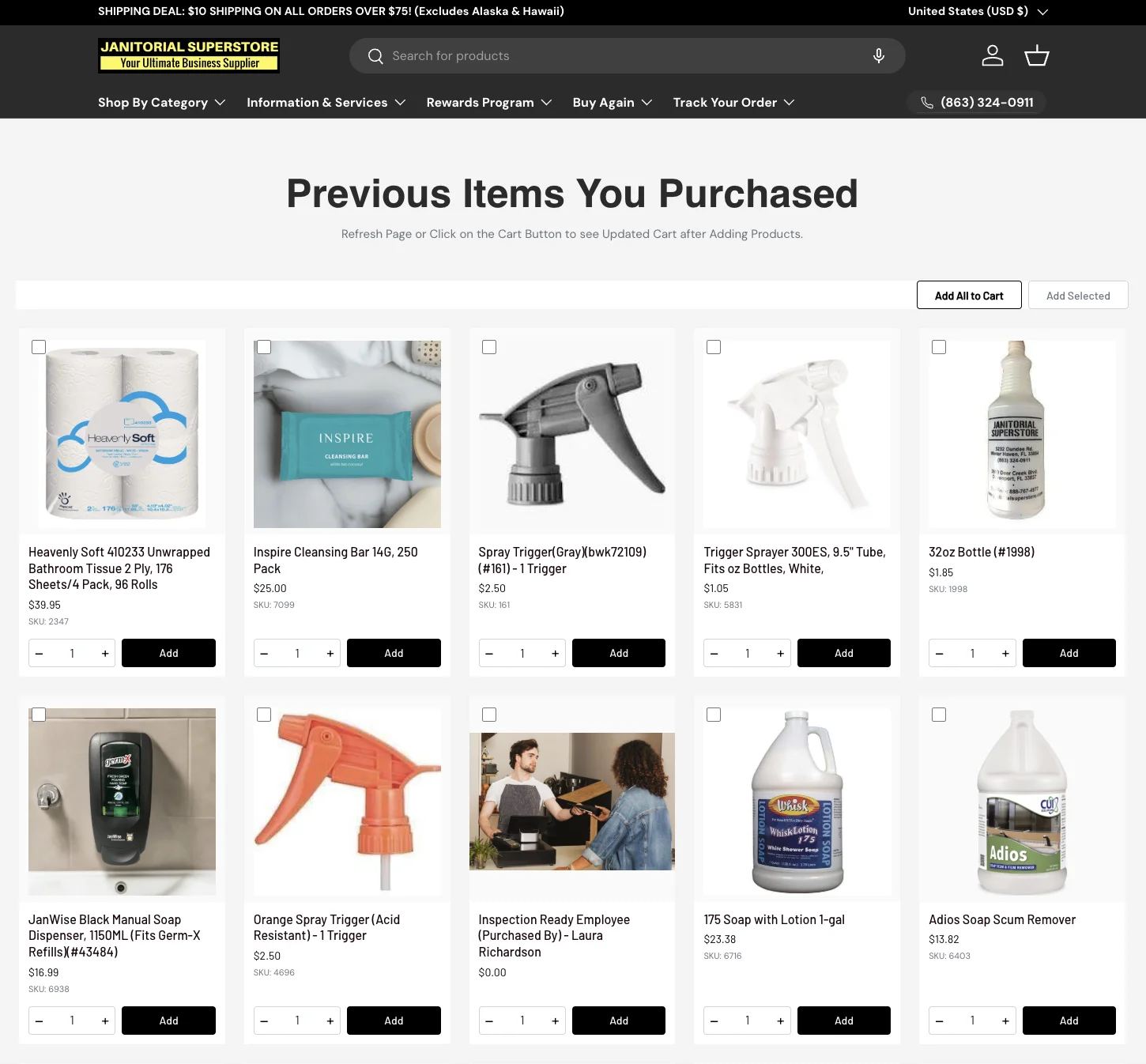 Janitorial Superstore Buy Again reorder page on Shopify