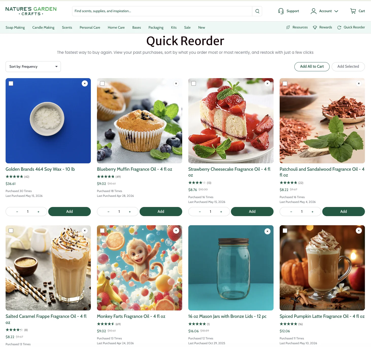 Nature's Garden Buy Again reorder page on Shopify