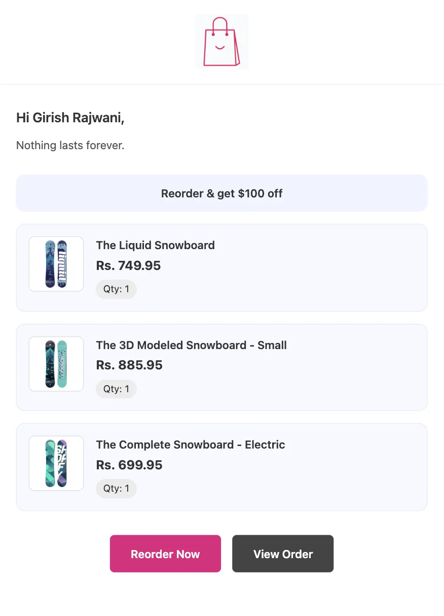 Example reorder reminder email with one-click checkout link