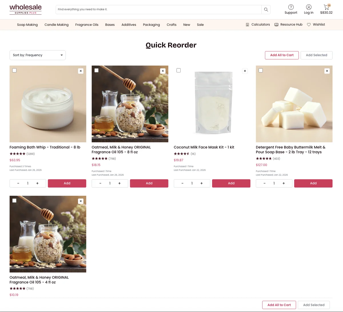 Wholesale Supplies Plus Buy Again reorder page on Shopify