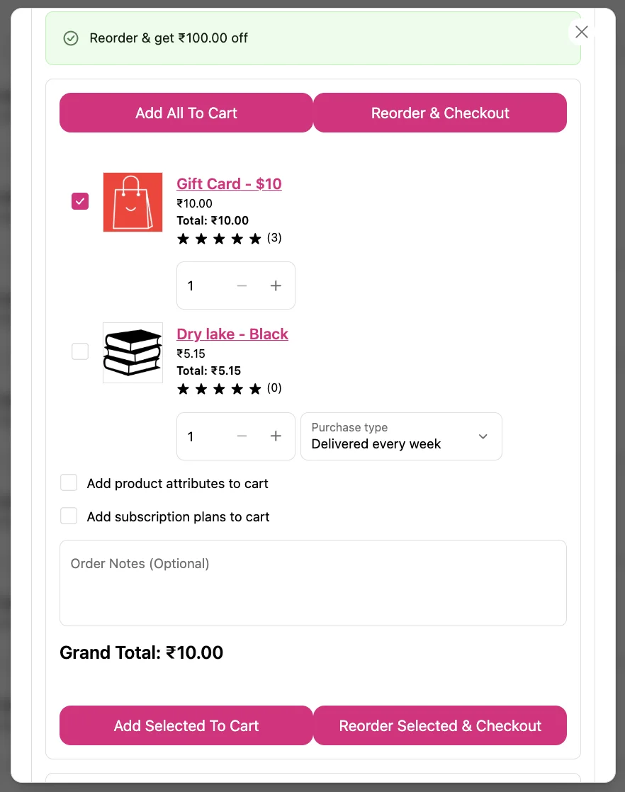 Buy Again reorder popup