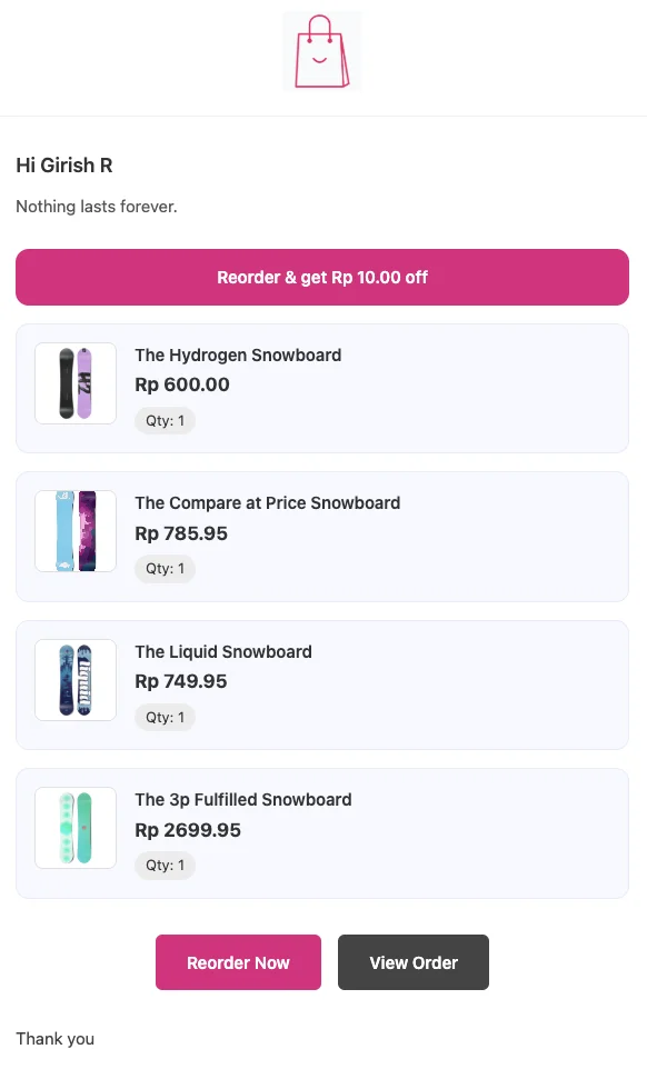 Reorder reminder email