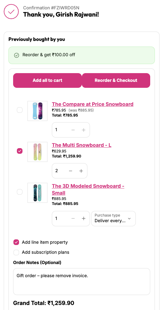 Buy Again widget on thank you page