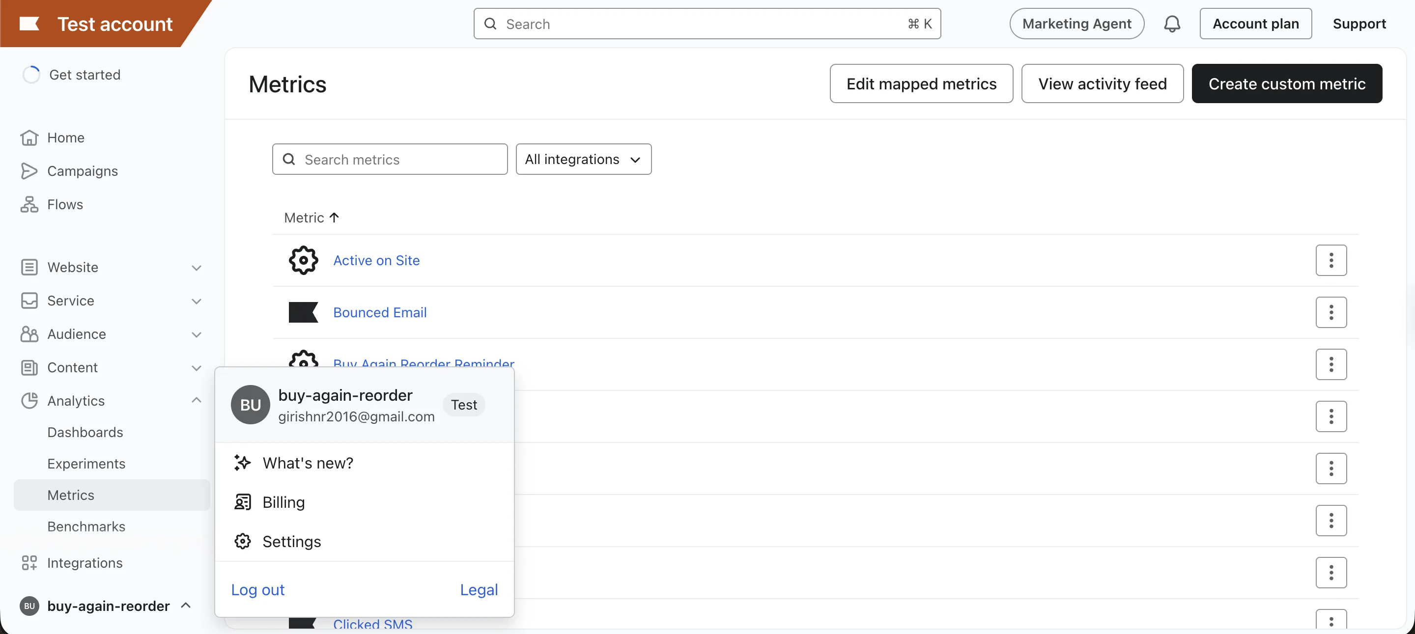 Klaviyo - account menu and settings