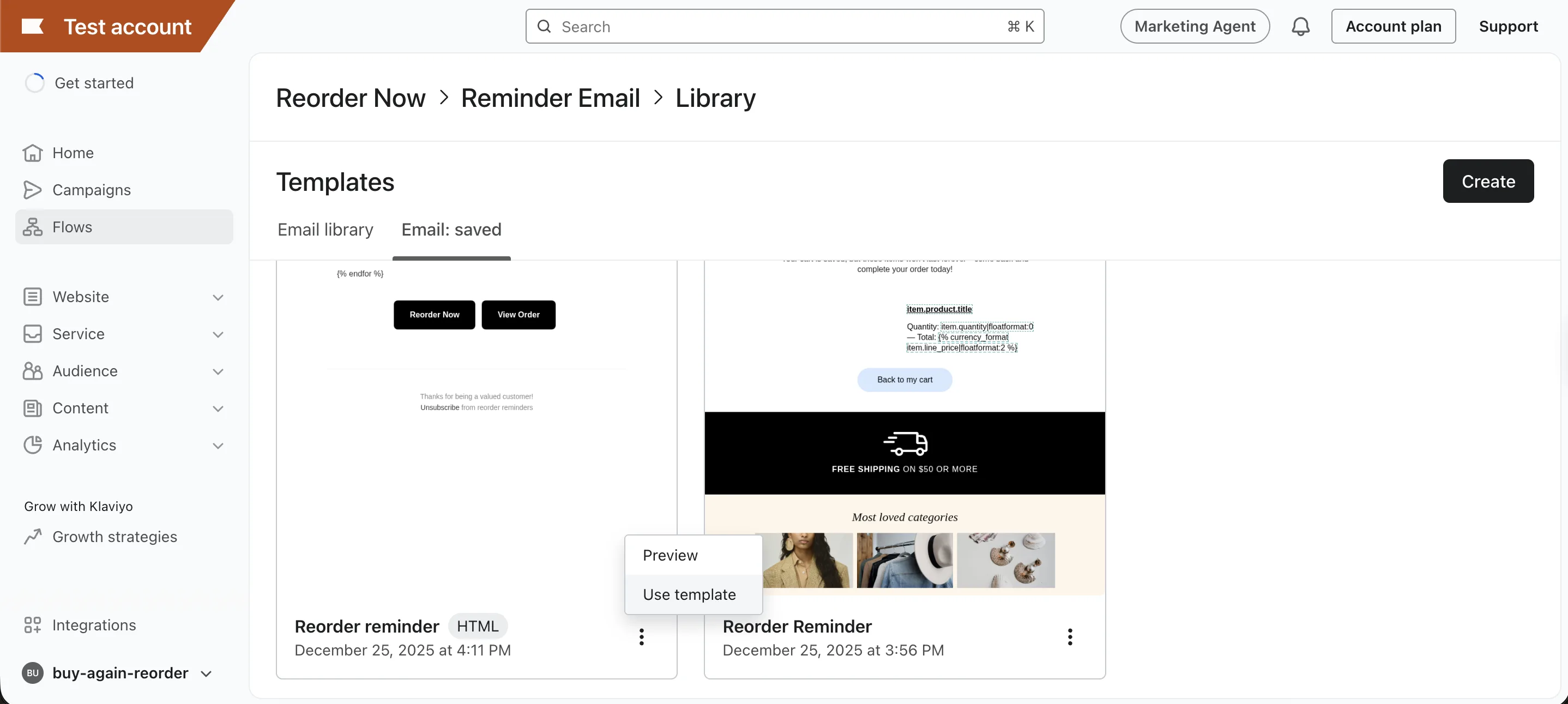 Klaviyo - use template button