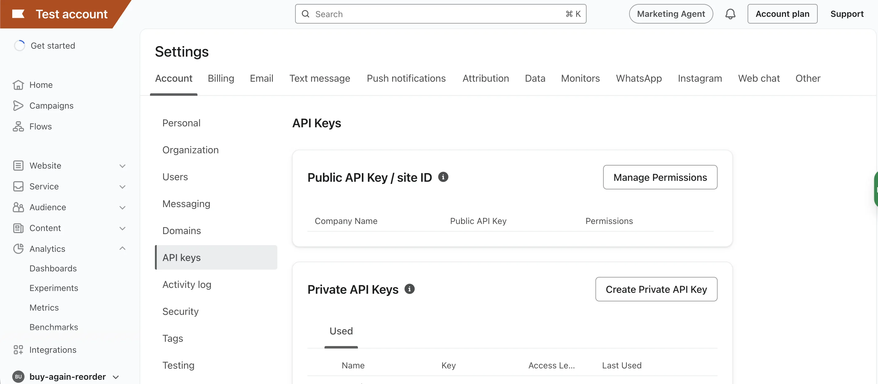 Klaviyo - API keys tab