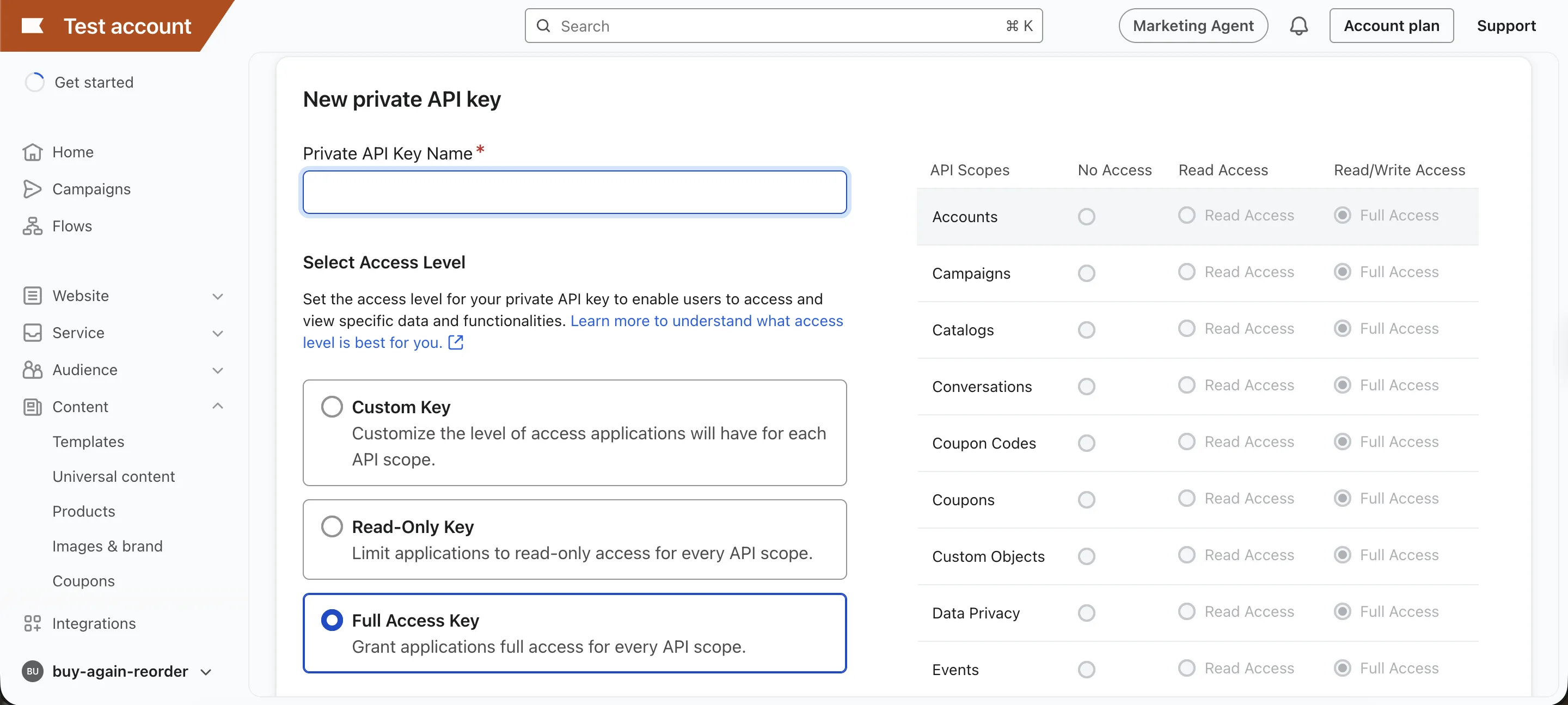Klaviyo - create private API key modal