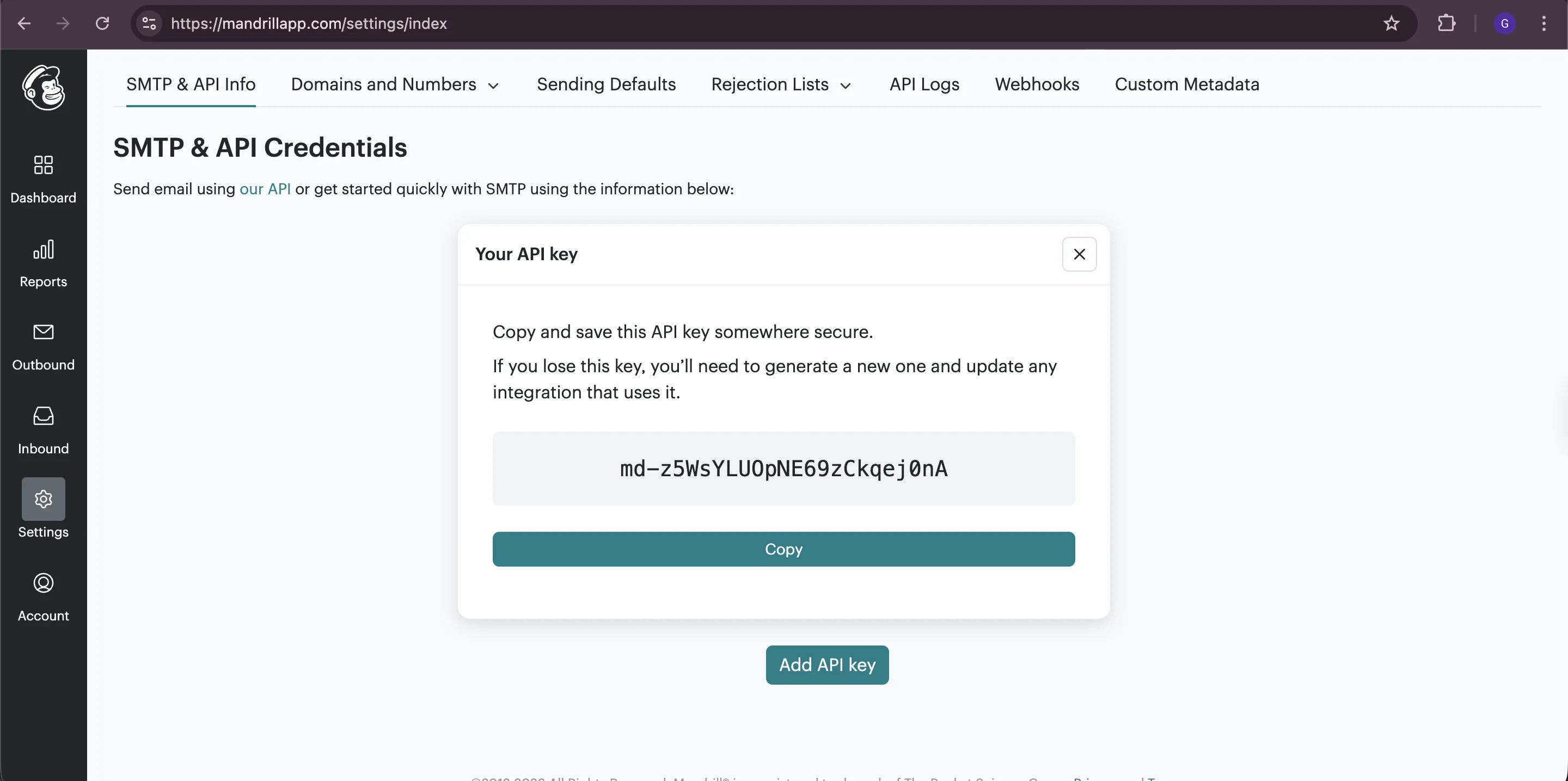 Mandrill - API keys section