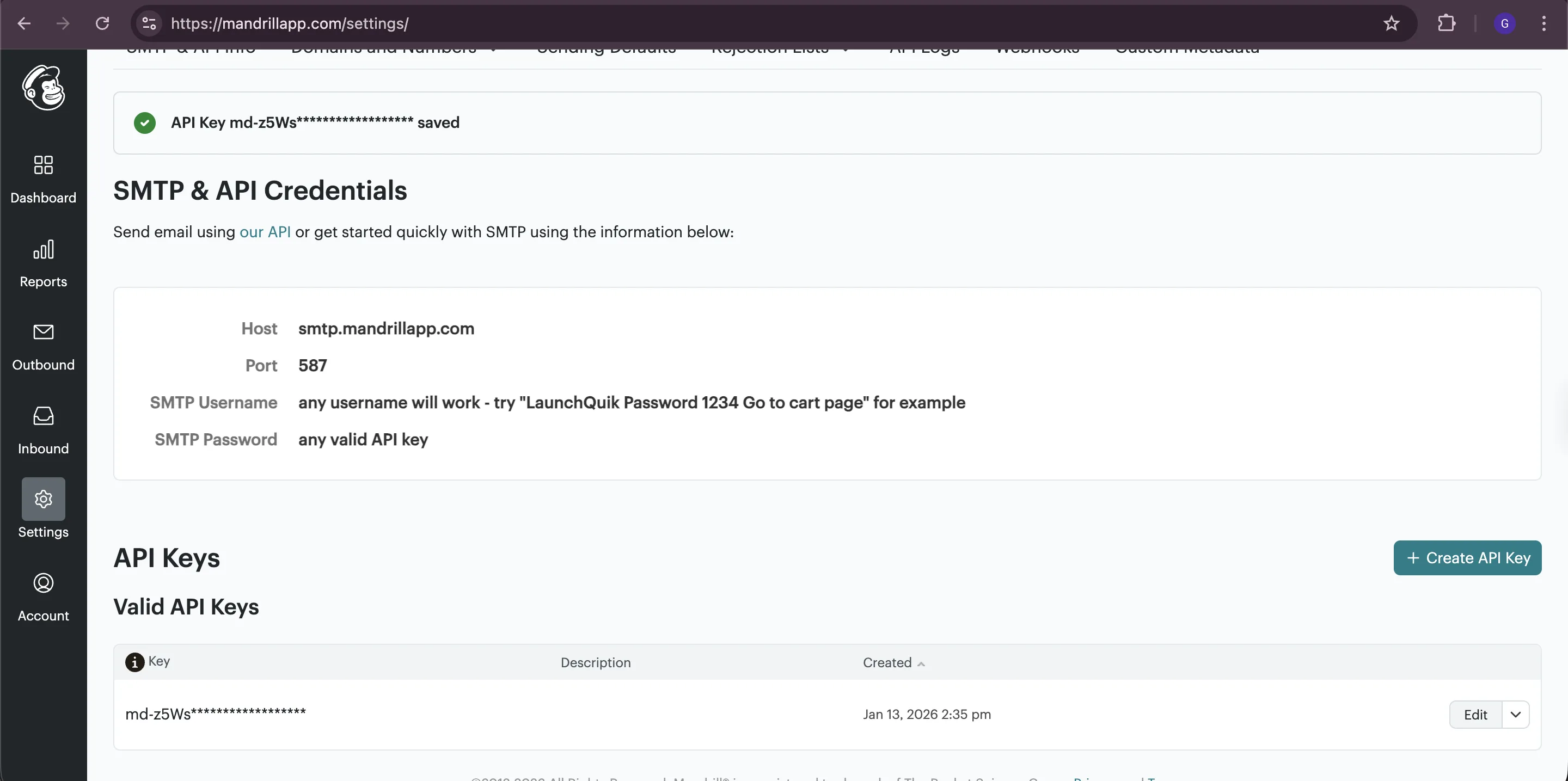 Mandrill - create API key