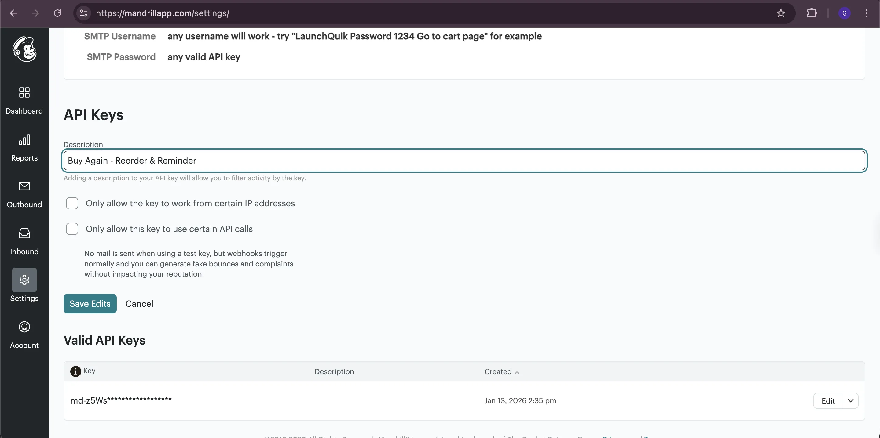 Mandrill - create API key