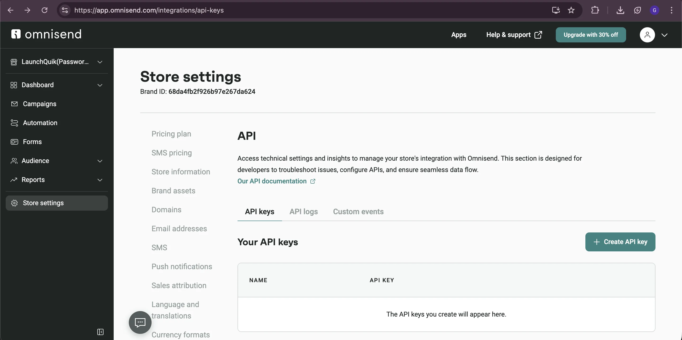 Omnisend - API keys section