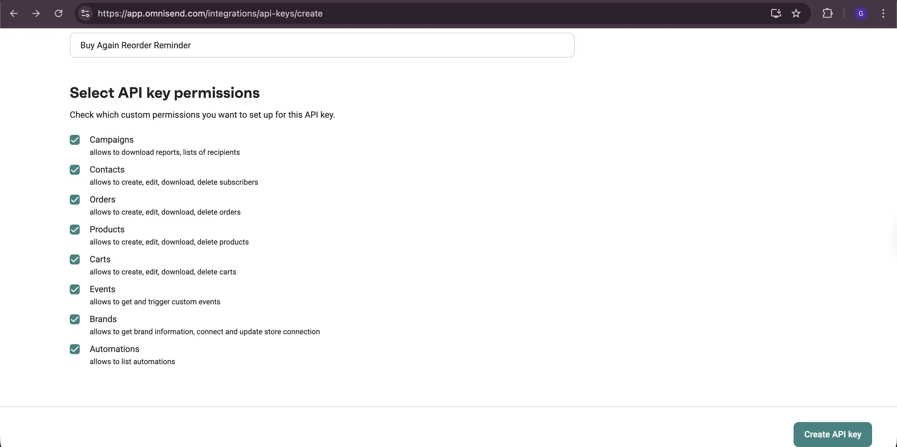Omnisend - API keys section