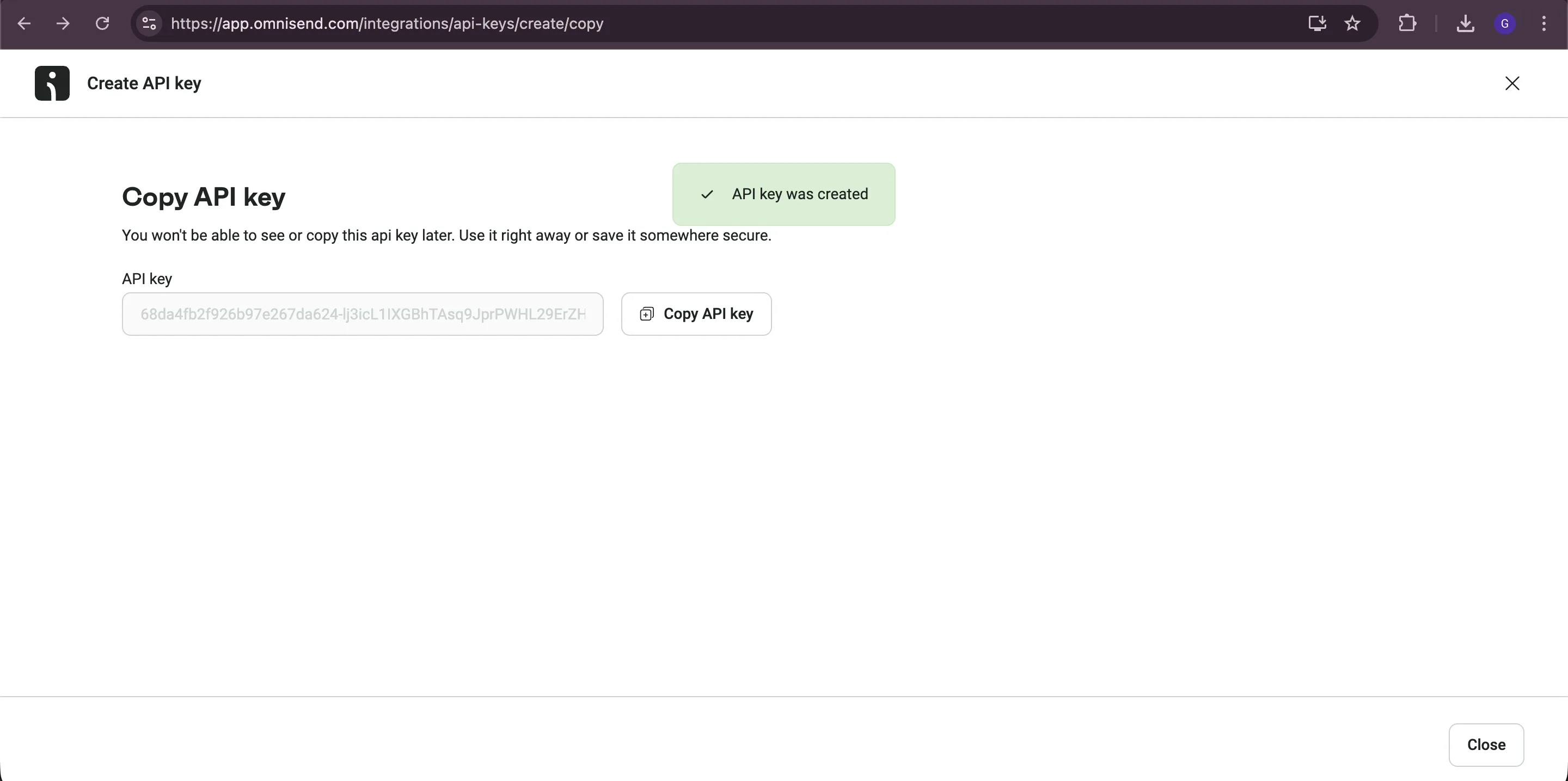 Omnisend - generate API key modal