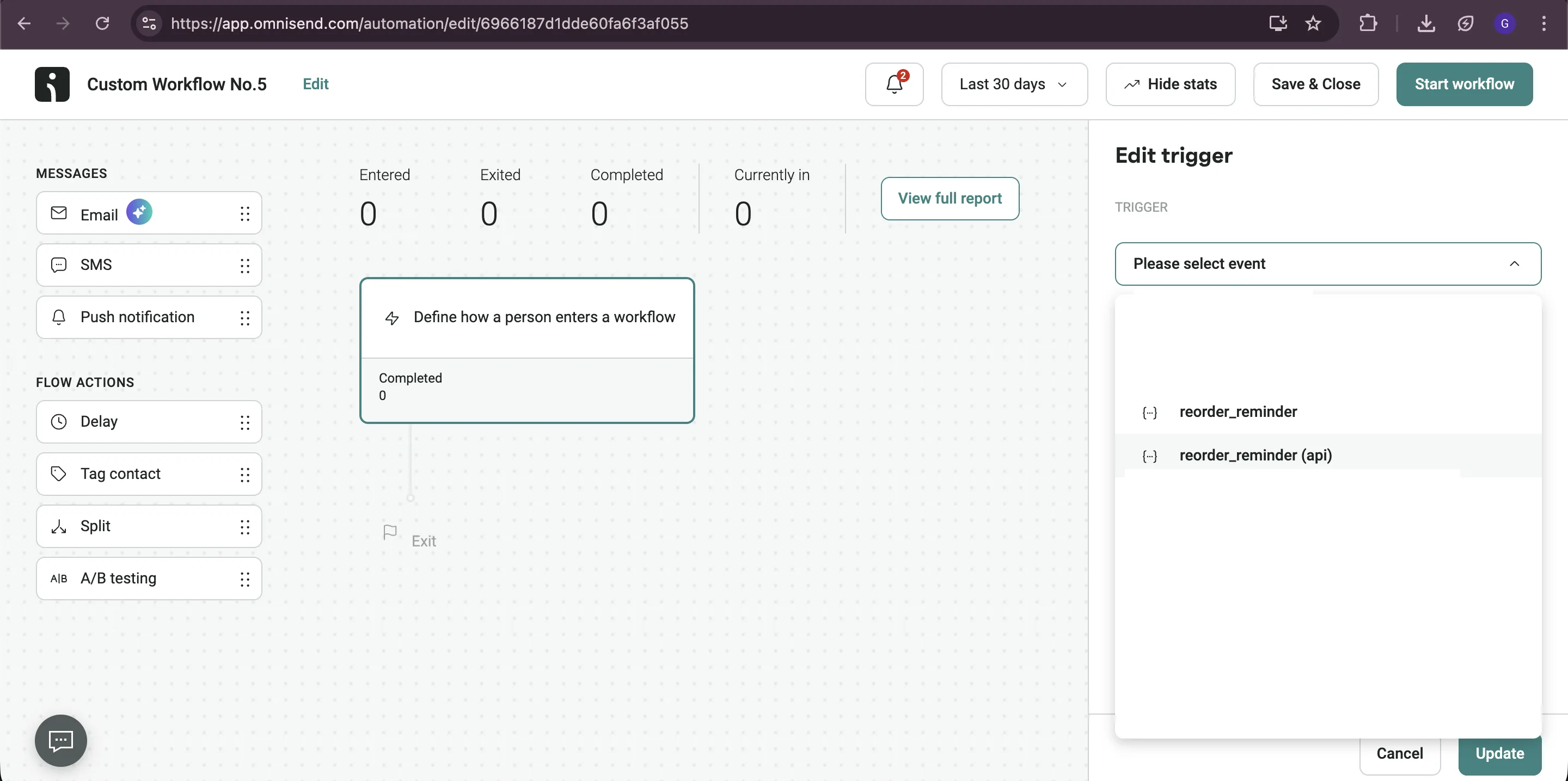 Omnisend - custom event trigger