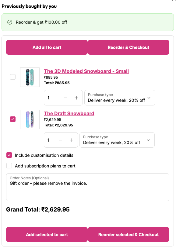 Reorder popup in Shopify customer account